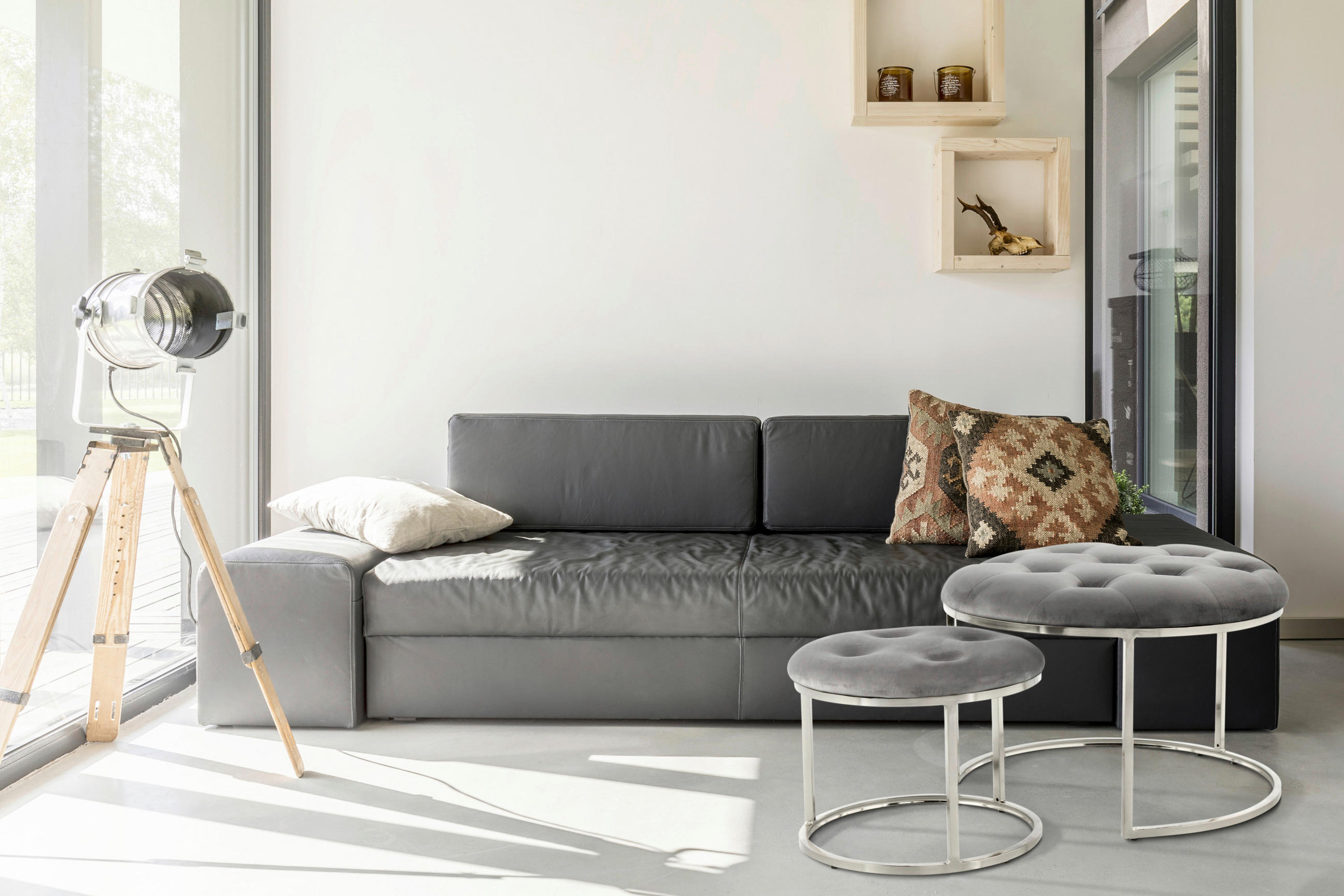 HOCKERSET in Grau, Silberfarben  - Silberfarben/Grau, Design, Textil/Metall (40+60cm) - Kayoom