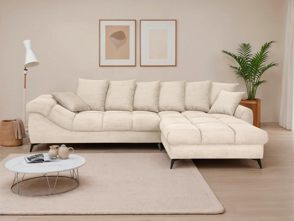 ECKSOFA Naturfarben Cord Rückenkissen, Armlehnenkissen, Rücken echt  - Schwarz/Naturfarben, KONVENTIONELL, Textil/Metall (332/231cm) - Carryhome
