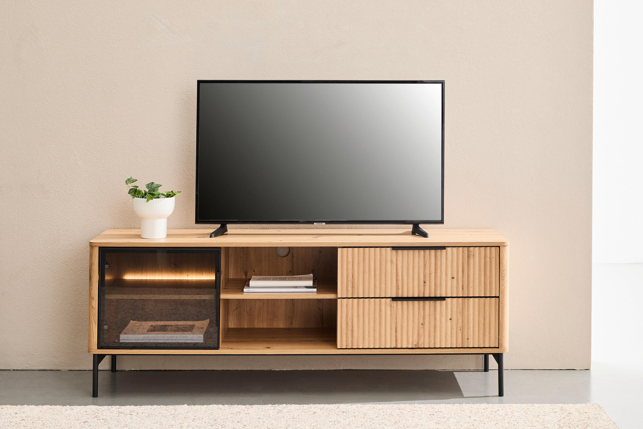 Thumbnail - Mid.you Lowboard, Schwarz, Eiche Artisan, Metall, 1 Fächer, 2 Schublade(n) Schubladen, 157x57x40 cm, Bsci, Beleuchtung, ...