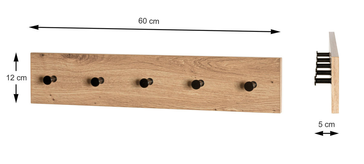 ZIDNI ČIVILUK  crna, boja hrasta  metal, pločasti materijal  - boja hrasta/crna, Osnovno, metal/pločasti materijal (60/12/5cm)
