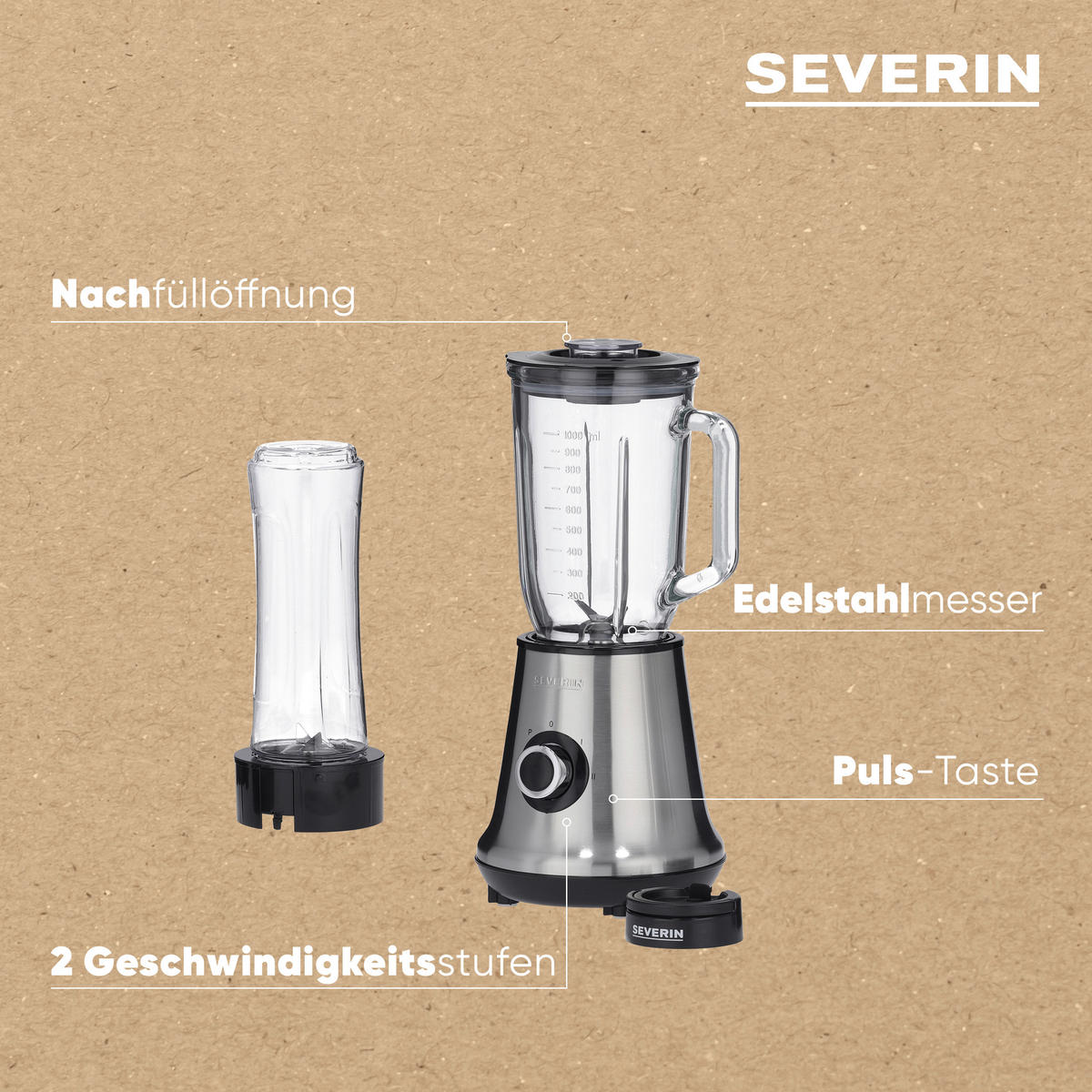 STANDMIXER Multi-Mixer+Smoothie Mix&Go  - Basics, Glas/Kunststoff (16,5/16,5/37,5cm) - Severin