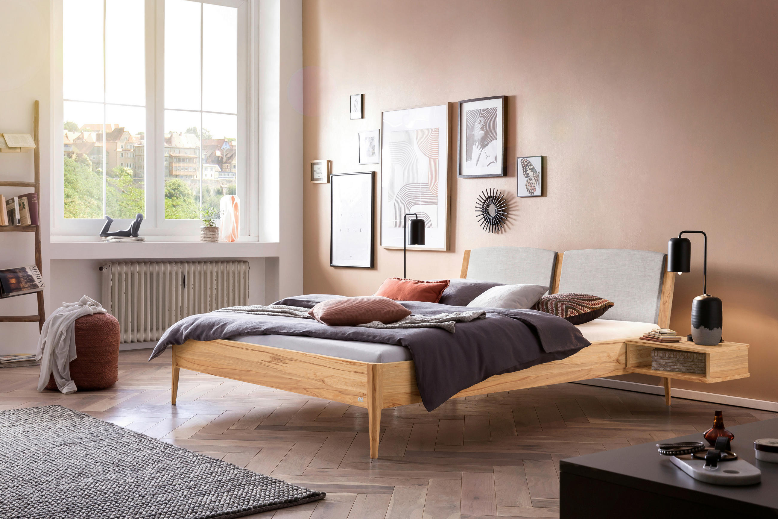 BETT 160/200 cm  in Buchefarben, Hellgrau  - Buchefarben/Hellgrau, KONVENTIONELL, Holz/Textil (160/200cm) - Hasena