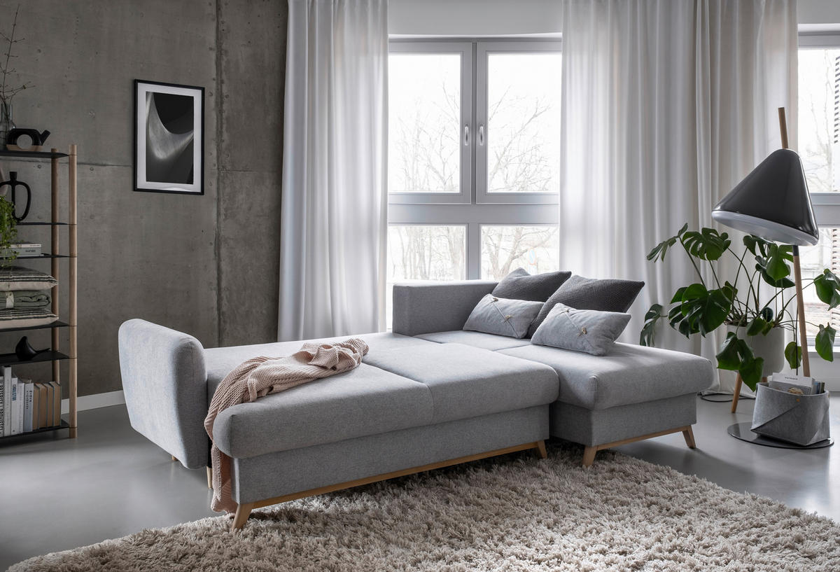 ECKSOFA in Chenille Hellgrau  - Hellgrau/Naturfarben, Holz/Textil (235/157cm) - MID.YOU