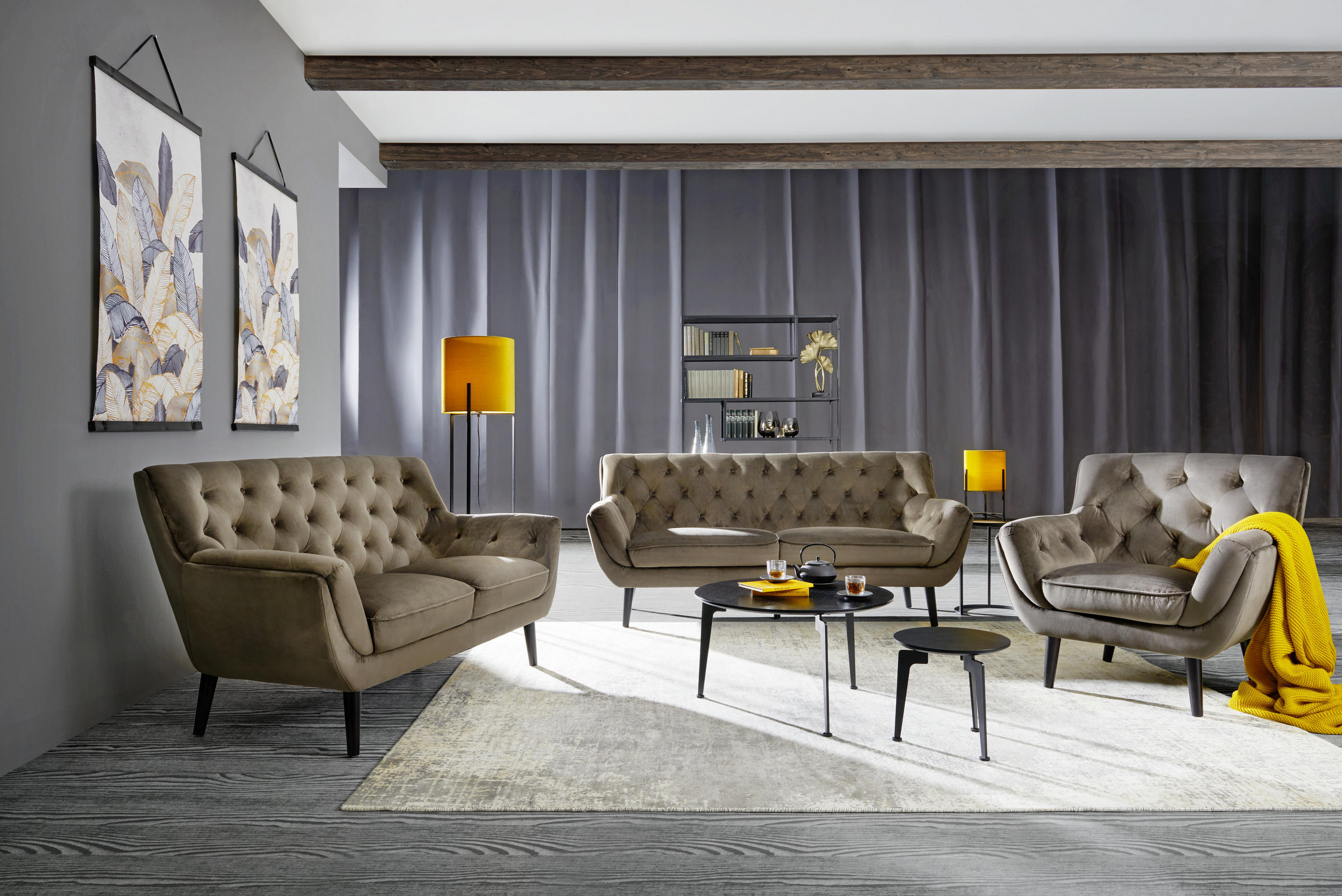 CHESTERFIELD 2,5-SITZER-SOFA Grau, Schwarz Samt  - Schwarz/Grau, Trend, Textil (196/90/90cm) - Stylife