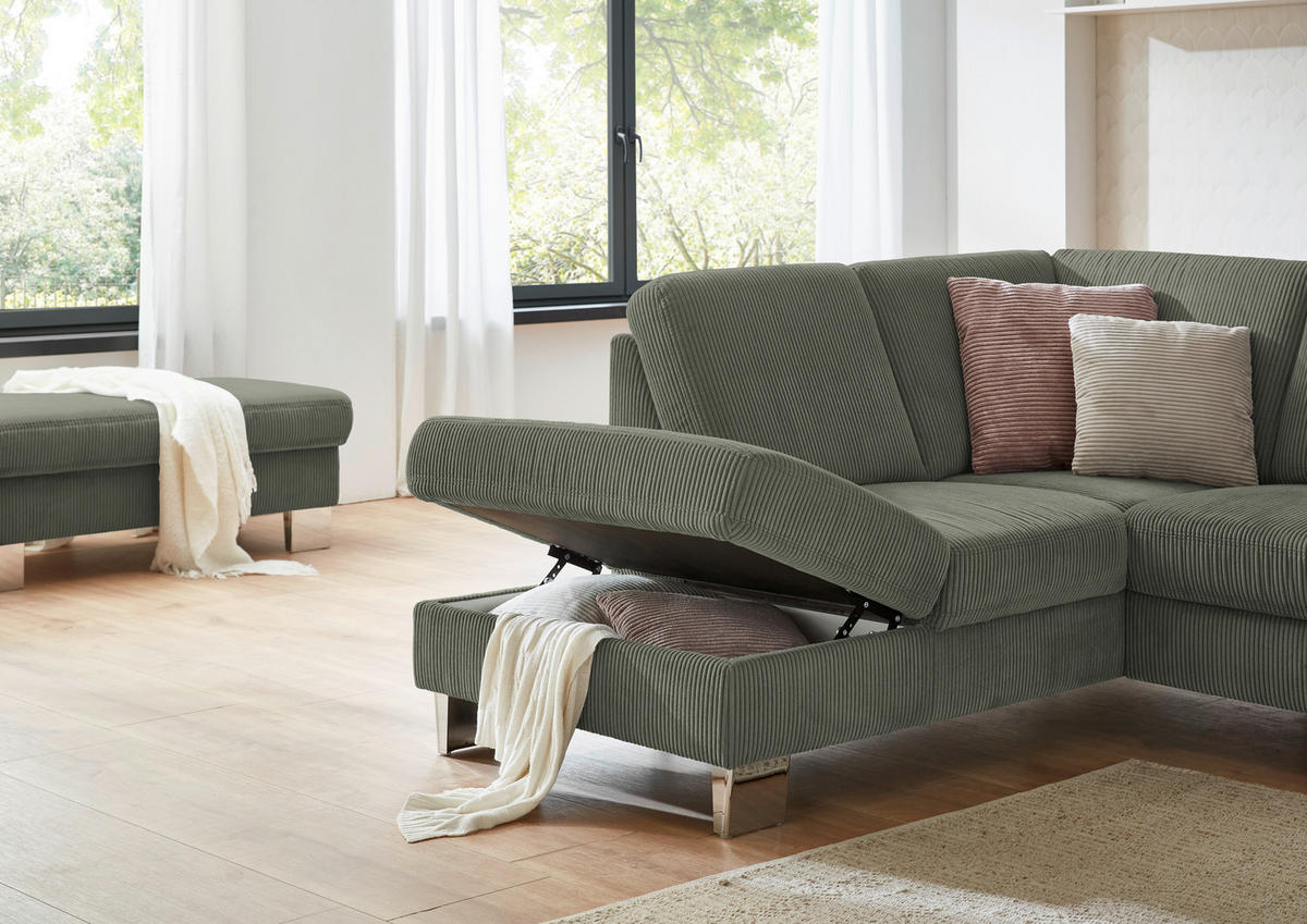 ECKSOFA in Cord Olivgrün  - Edelstahlfarben/Olivgrün, Konventionell, Textil/Metall (200/248cm) - Beldomo System