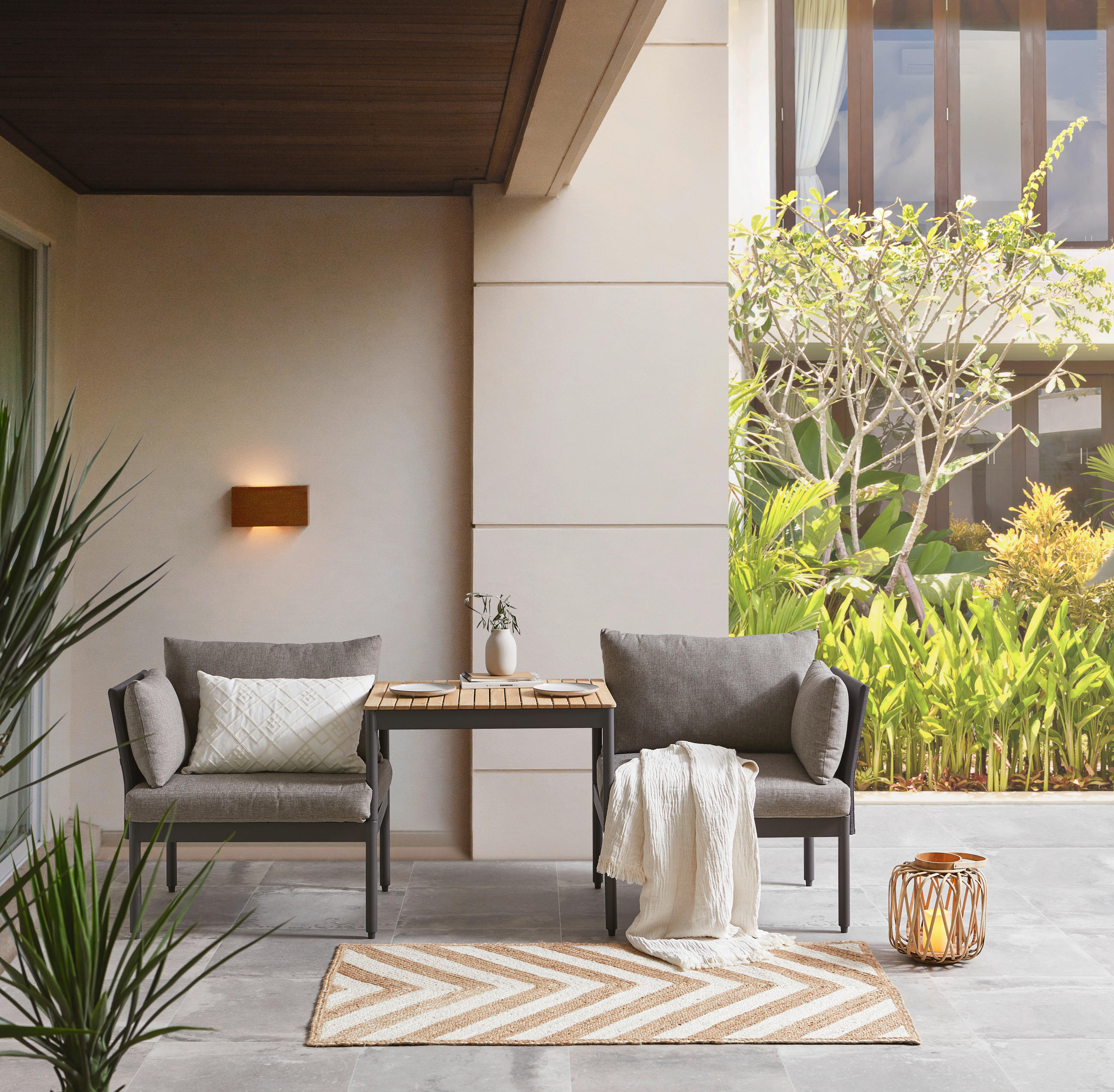 BALKONSET  - Grau/Teakfarben, Design, Holz/Textil (217/75/66cm) - Ambia Garden