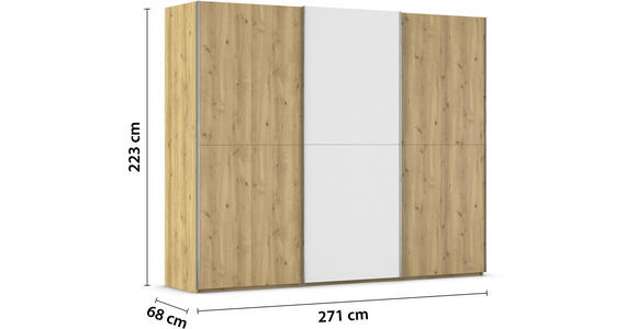 SCHWEBETÜRENSCHRANK 270/223/68 cm 3-türig Weiß, Eichefarben, Chromfarben  - Chromfarben/Eichefarben, Design, Glas/Holz (270/223/68cm) - Novel