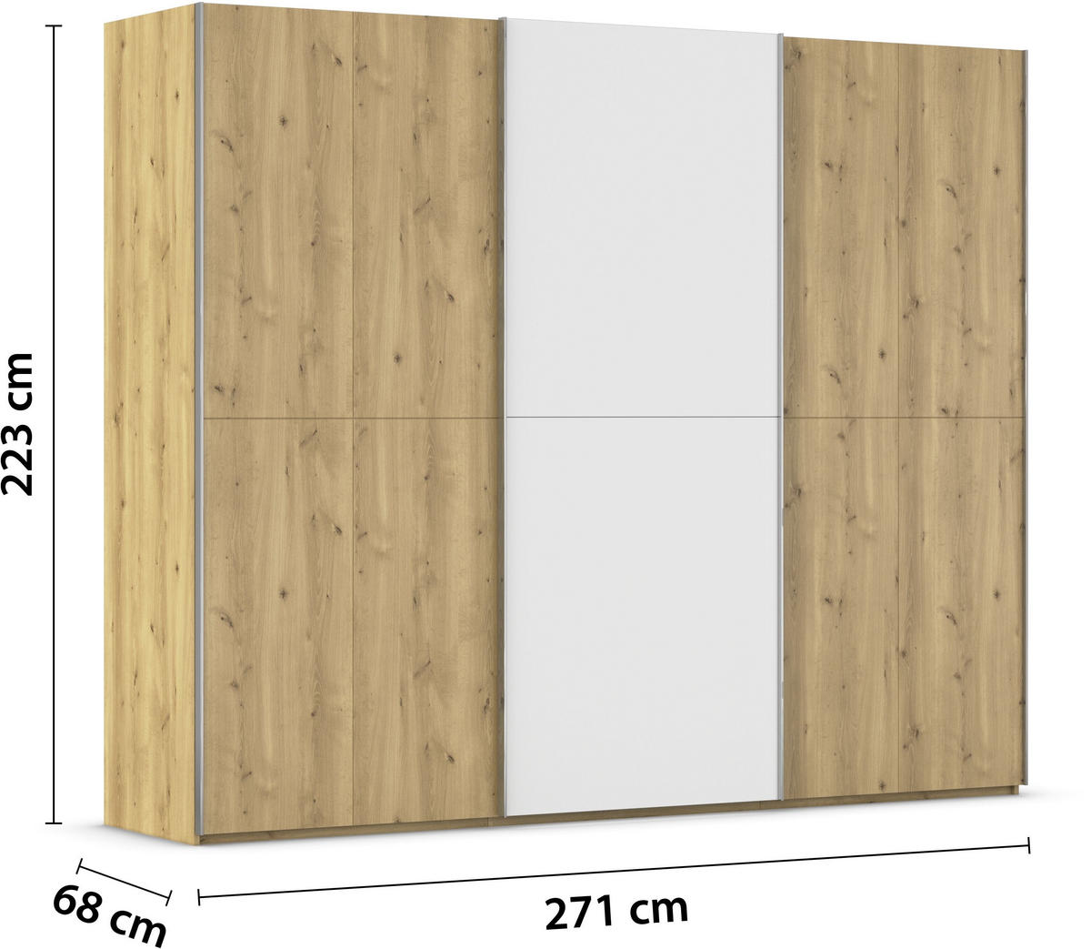 SCHWEBETÜRENSCHRANK 270/223/68 cm 3-türig Weiß, Eichefarben, Chromfarben  - Chromfarben/Eichefarben, Design, Glas/Holz (270/223/68cm) - Novel