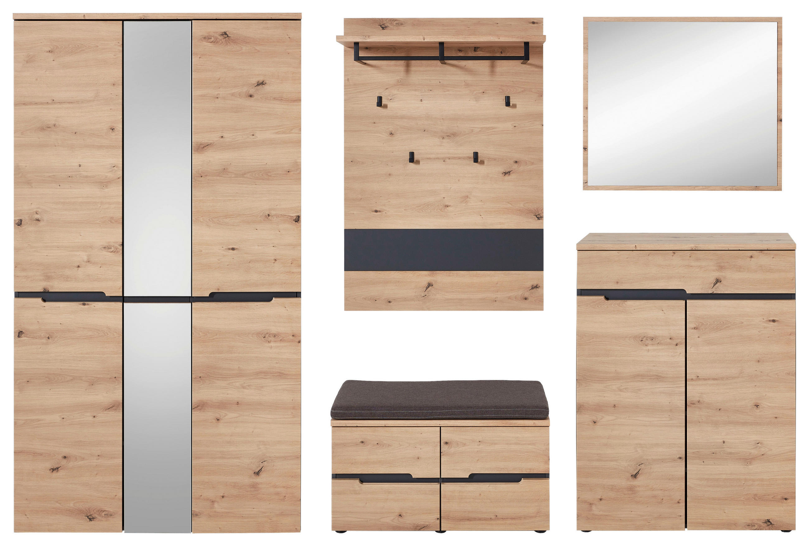 GARDEROBE 6-teilig  in 295/192/38 cm  - Graphitfarben/Eiche Artisan, Design, Glas/Holzwerkstoff (295/192/38cm) - Voleo