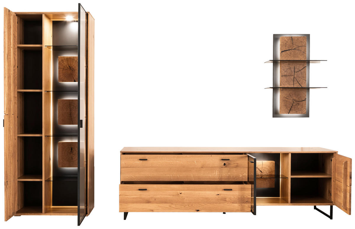 WOHNWAND  in Wildeiche 306/206/50 cm  - Wildeiche/Schwarz, Design, Glas/Holz (306/206/50cm) - MID.YOU