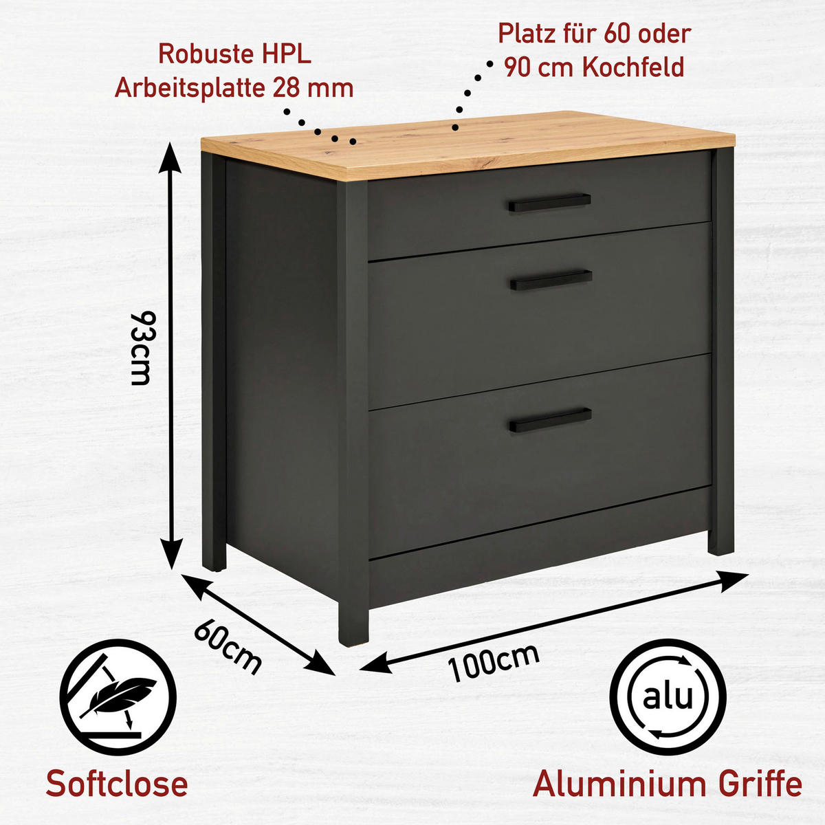 KÜCHENLEERBLOCK   in Anthrazit, Eiche Artisan  - Anthrazit/Schwarz, MODERN, Glas/Holzwerkstoff (370/227/60cm) - home24
