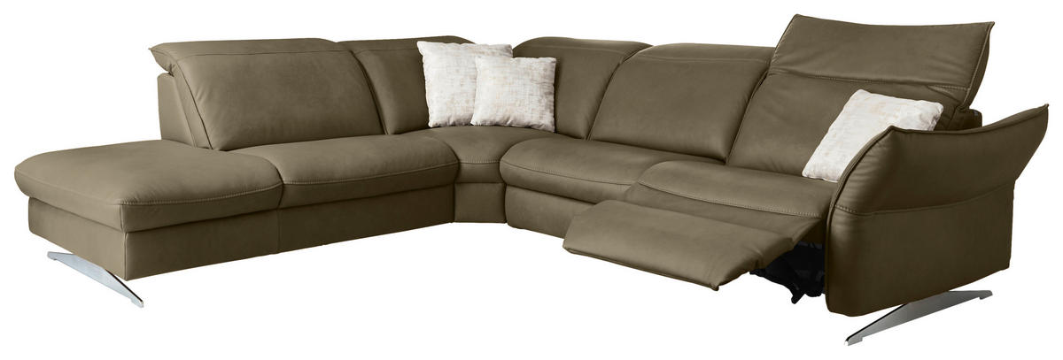 ECKSOFA in Echtleder Mokka  - Edelstahlfarben/Mokka, Design, Leder/Metall (258/292cm) - Hukla