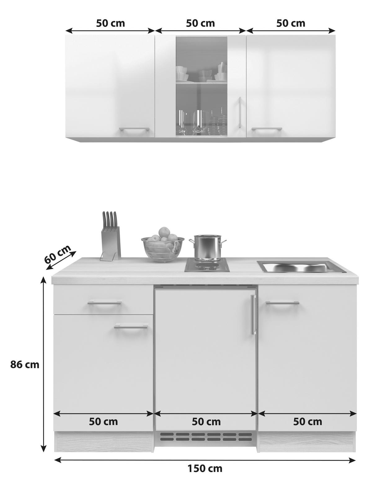 MINIKÜCHE 150,5 cm   in Weiß  - Edelstahlfarben/Hellgrau, MODERN, Glas/Holzwerkstoff (150,5cm) - FlexWell