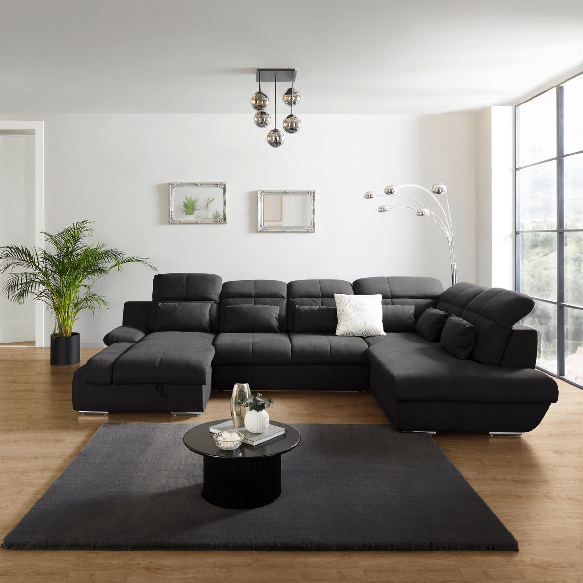 WOHNLANDSCHAFT in Mikrofaser Anthrazit  - Chromfarben/Dunkelgrau, Modern, Textil/Metall (184/345/228cm) - MID.YOU