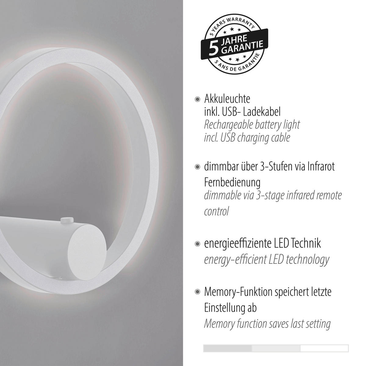 AKKU-WANDLEUCHTE 22/17,5/22 cm   - Weiß, Design, Kunststoff/Metall (22/17,5/22cm)