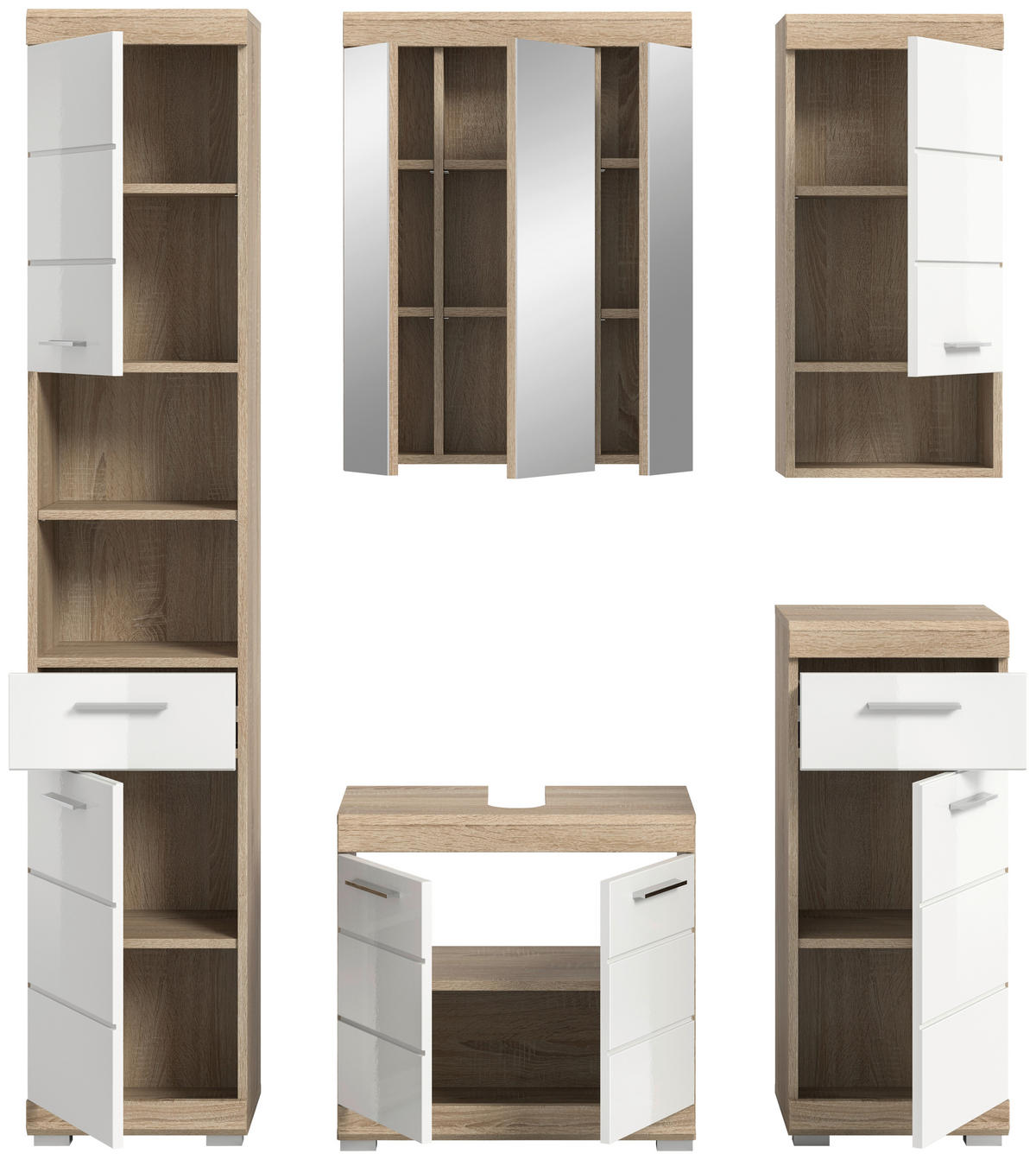 BADEZIMMER 5-teilig  in 134 cm  - Weiß Hochglanz/Silberfarben, MODERN, Glas/Holzwerkstoff (134cm) - MID.YOU