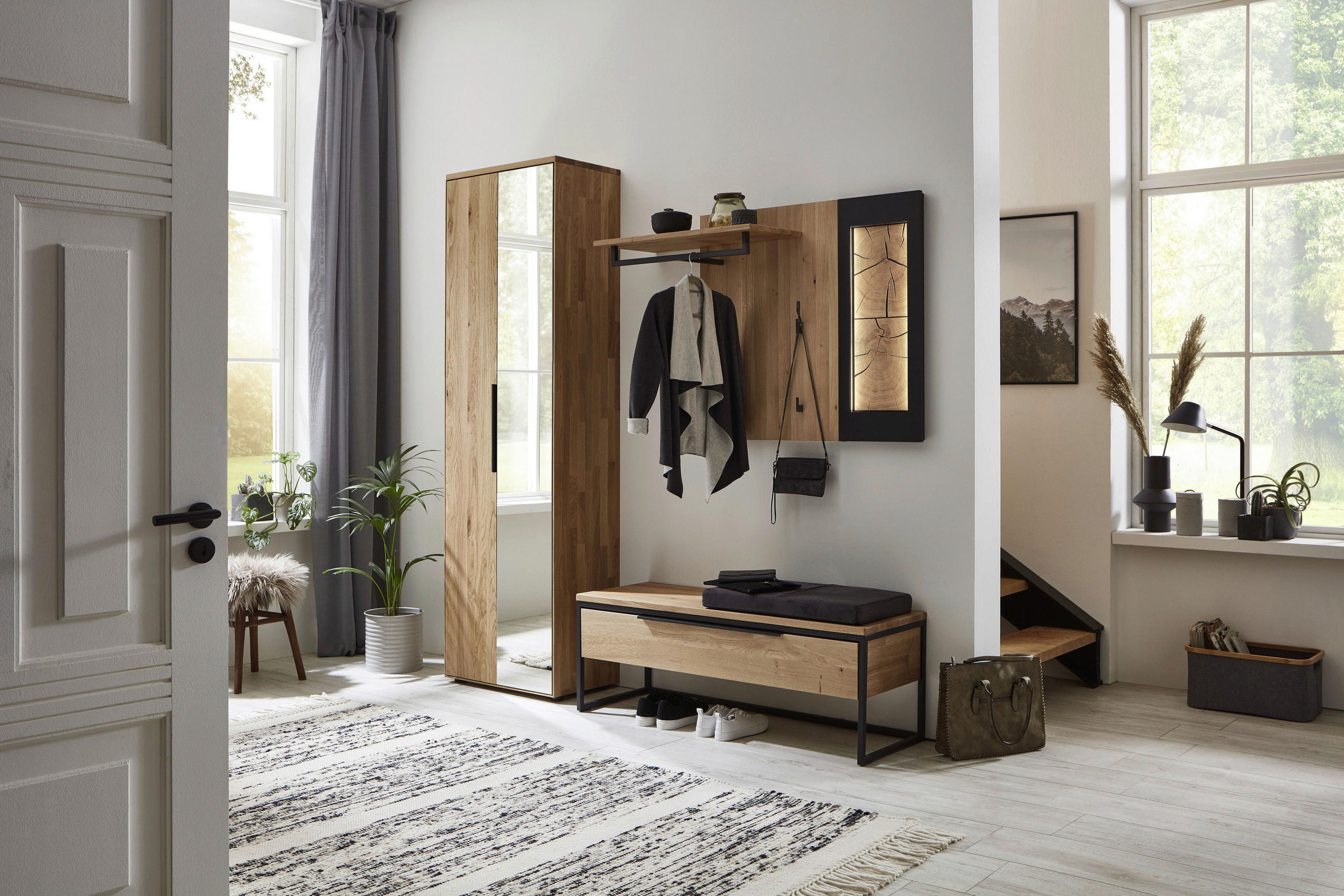 GARDEROBE  in 198,8/197,6/41 cm  - Eichefarben/Schwarz, Design, Glas/Holz (198,8/197,6/41cm) - Valdera