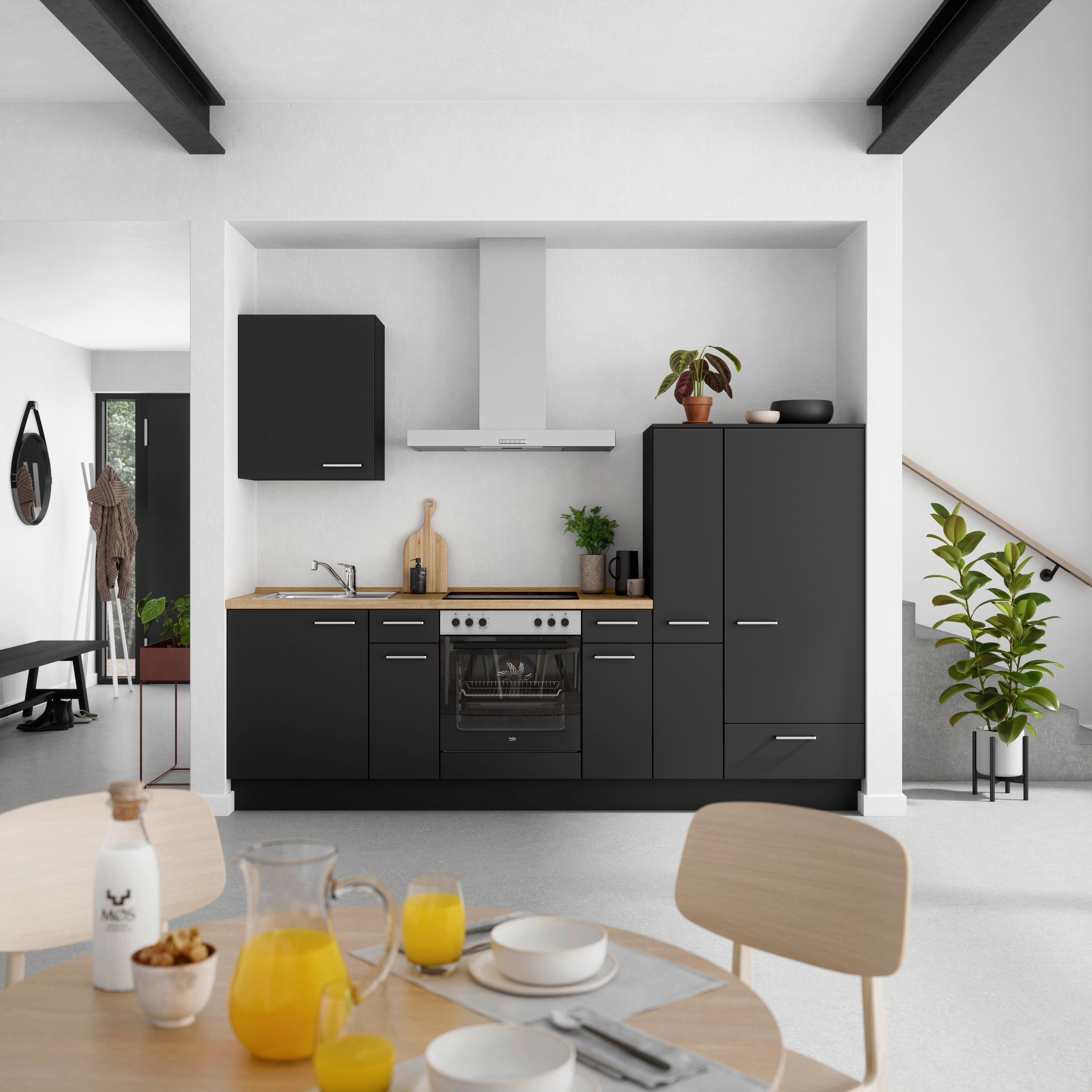 KÜCHENLEERBLOCK 270 cm   in Schwarz, Eichefarben  - Edelstahlfarben/Eichefarben, MODERN, Holzwerkstoff/Metall (270cm) - Nobilia
