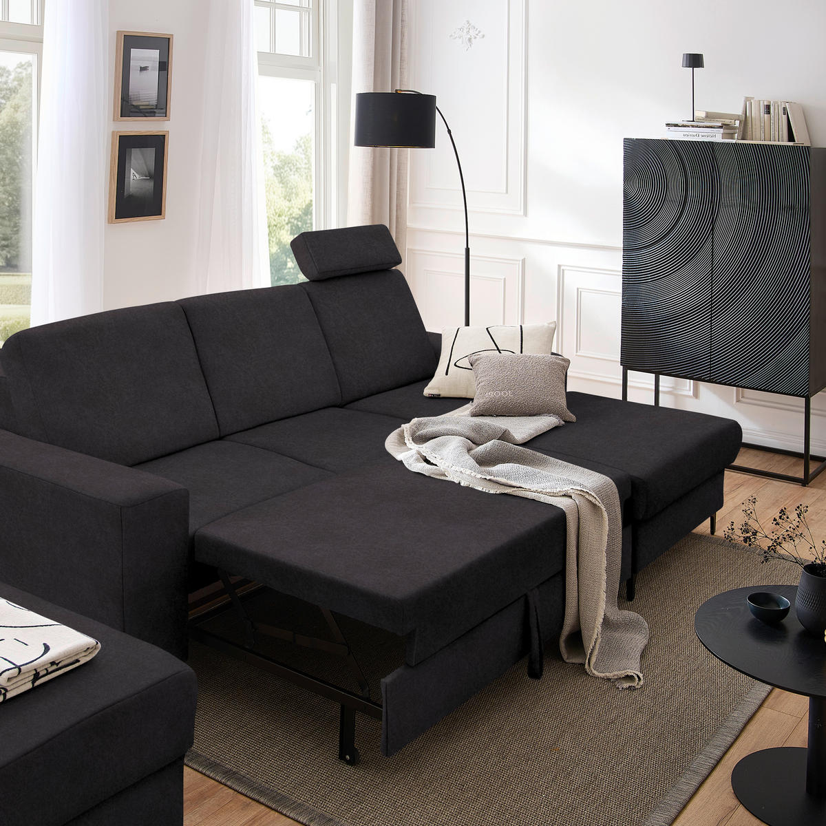ECKSOFA in Velours Anthrazit  - Anthrazit/Schwarz, Konventionell, Textil/Metall (247/167cm) - Stylife