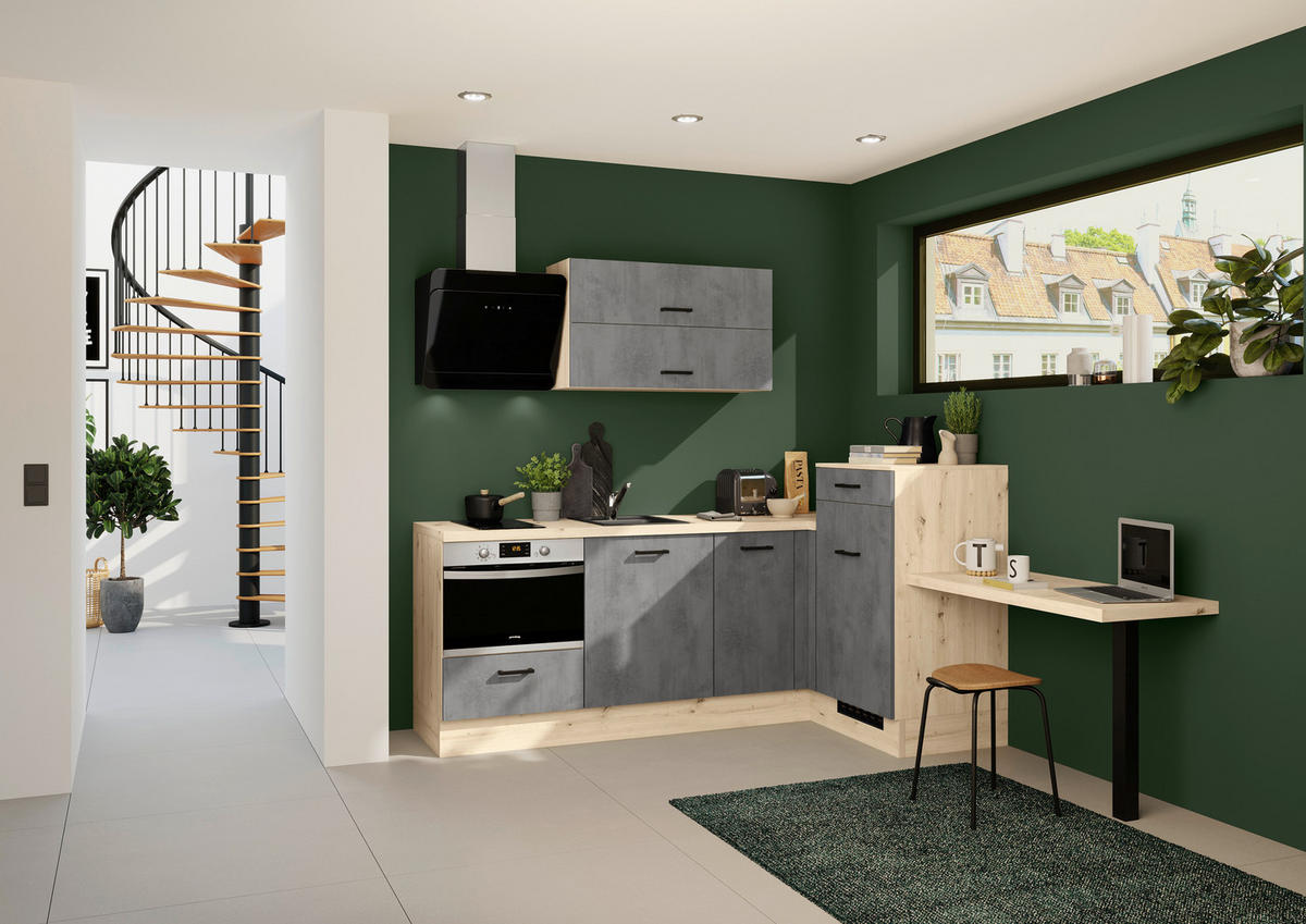 ECKKÜCHE 225/241 cm  Grau  - Eichefarben/Schwarz, Design, Holzwerkstoff/Metall (225/241cm) - Impuls