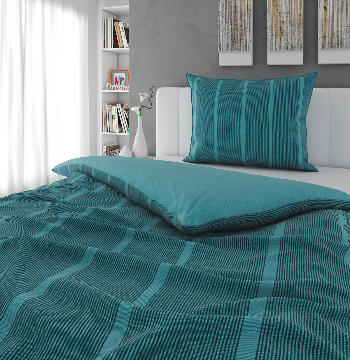 OBOJESTRANSKA POSTELJNINA 140/200 cm renforcé barve petroleja  - barve petroleja, tekstil (140/200cm) - Bio:Vio