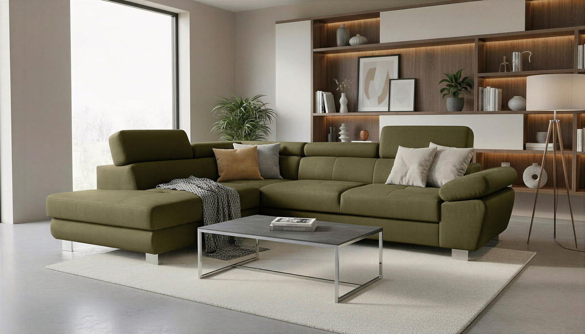 ECKSOFA Grün Webstoff Bettkasten, Schlaffunktion, Rücken echt, Armteilverstellung, Kopfteilverstellung  - Chromfarben/Grün, MODERN, Textil/Metall (205/278cm) - Stylife