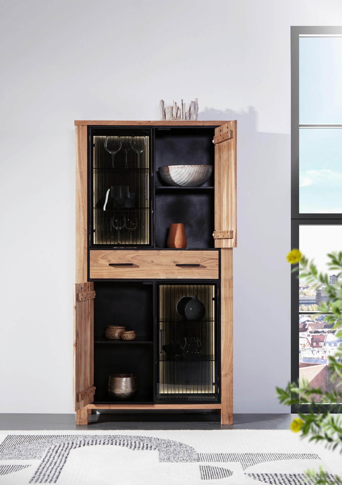 VITRINE  in massiv Akazie Akaziefarben - Schwarz/Akaziefarben, LIFESTYLE, Glas/Holz (100/190/44cm) - Landscape