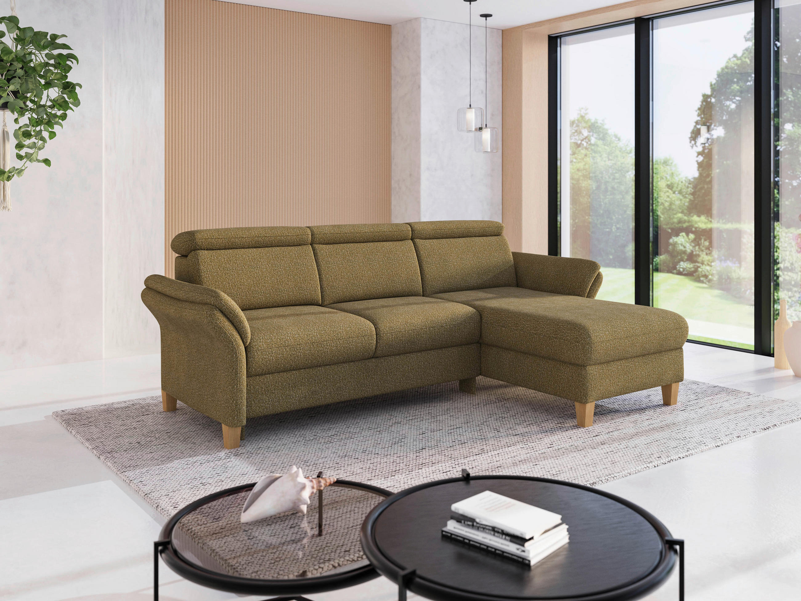 ECKSOFA GLENDALE E Olivgrün Chenille  - Eichefarben/Olivgrün, KONVENTIONELL, Holz/Textil (253/166cm) - Sit & More