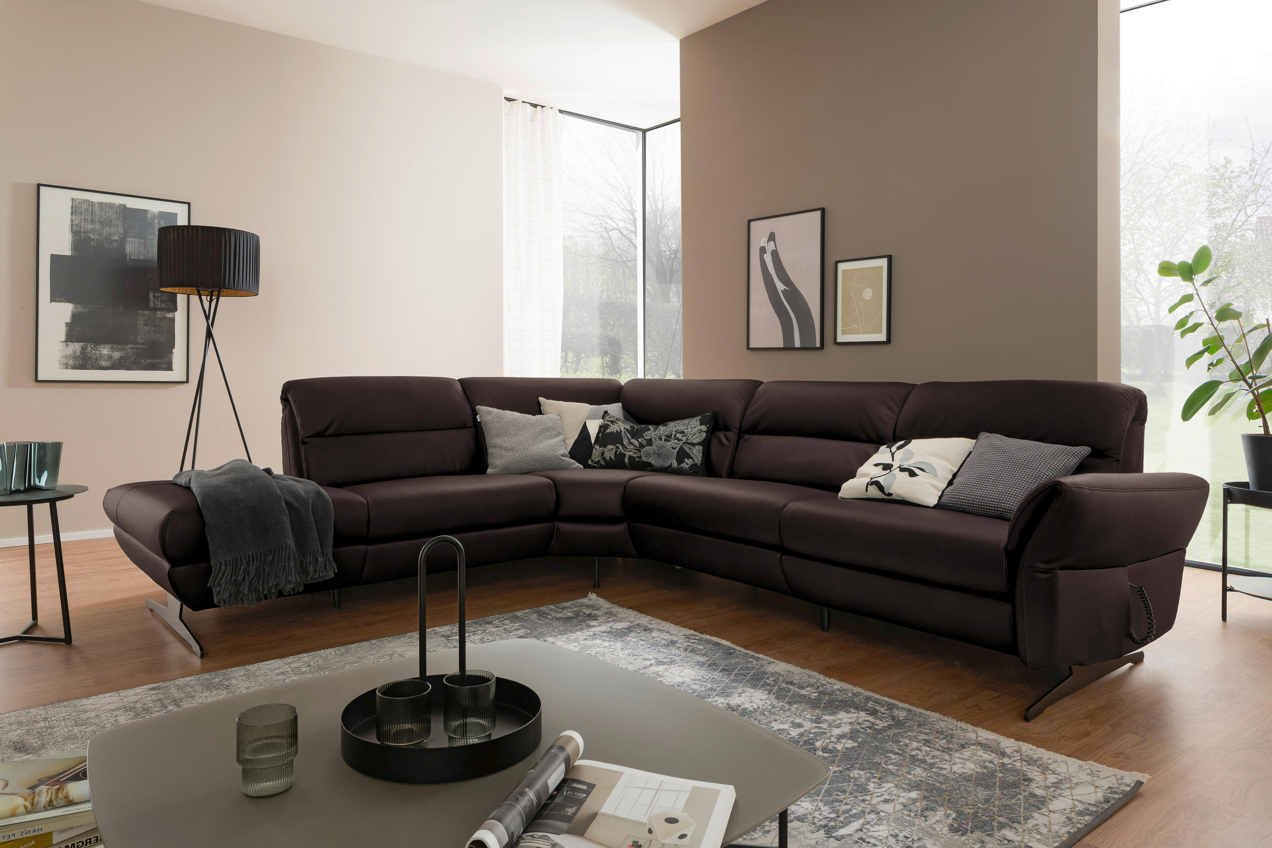 ECKSOFA in Echtleder Dunkelbraun  258/286 cm  - Dunkelbraun/Schwarz, Design, Leder/Metall (258/286cm) - Schöner Wohnen