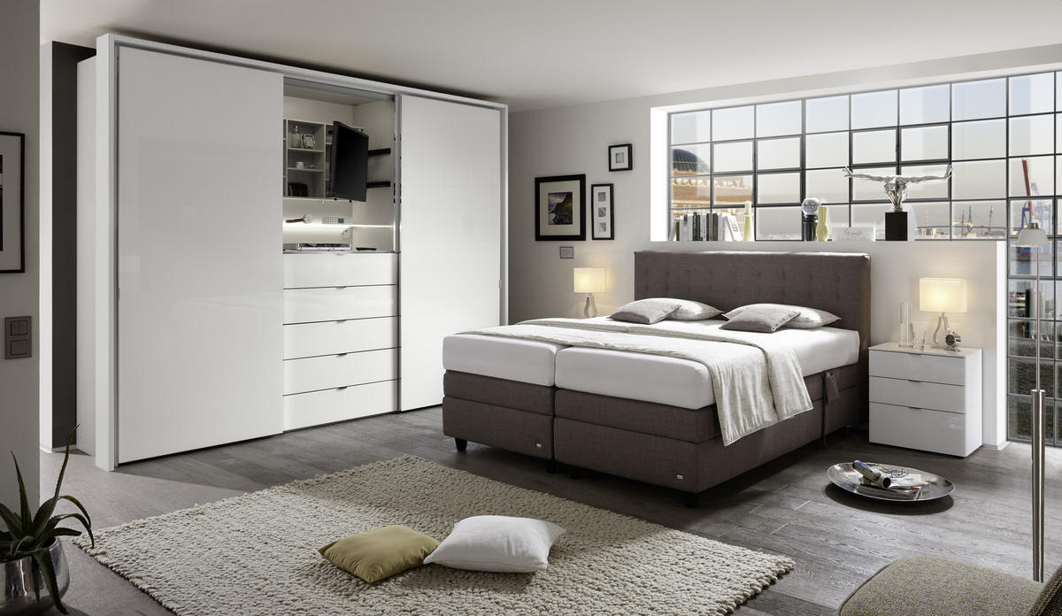 SCHWEBETÜRENSCHRANK in Weiss  - Chromfarben/Weiss, Design, Glas/Holzwerkstoff (300/240/68cm) - Moderano
