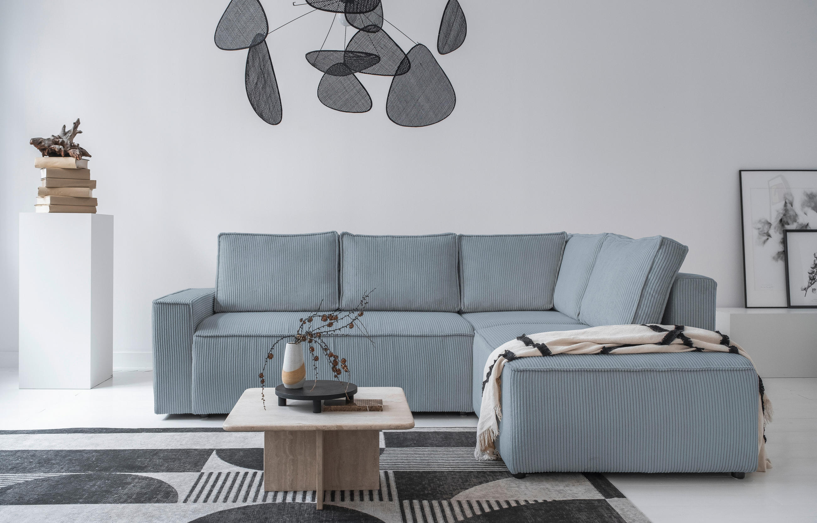 ECKSOFA in Cord Hellgrau - Hellgrau/Schwarz, Design, Kunststoff/Textil (247/194cm) - MID.YOU
