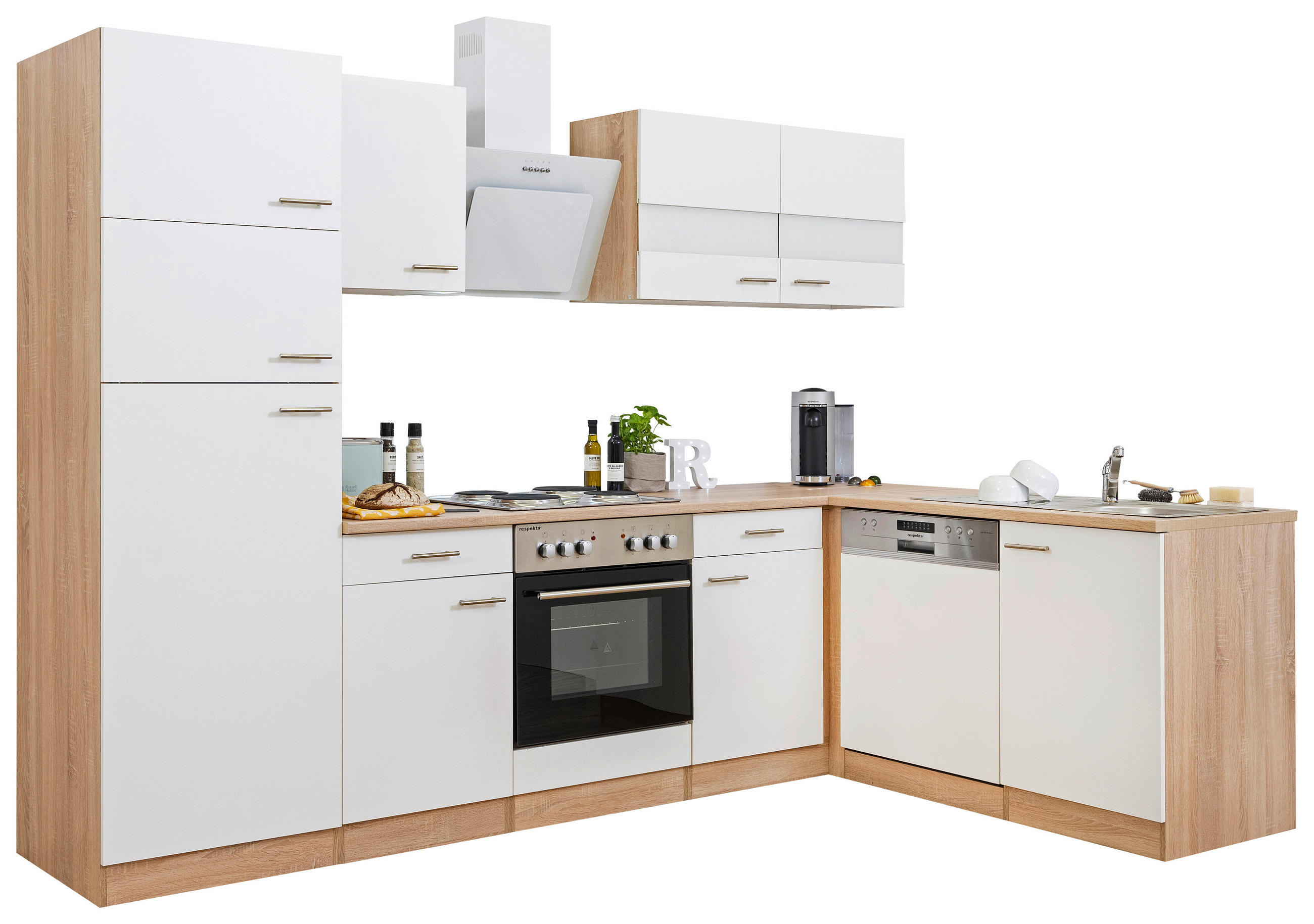 ECKKÜCHE 280/172 cm  in Weiß, Eichefarben  - Eichefarben/Eschefarben, Basics, Glas/Holzwerkstoff (280/172cm) - Respekta
