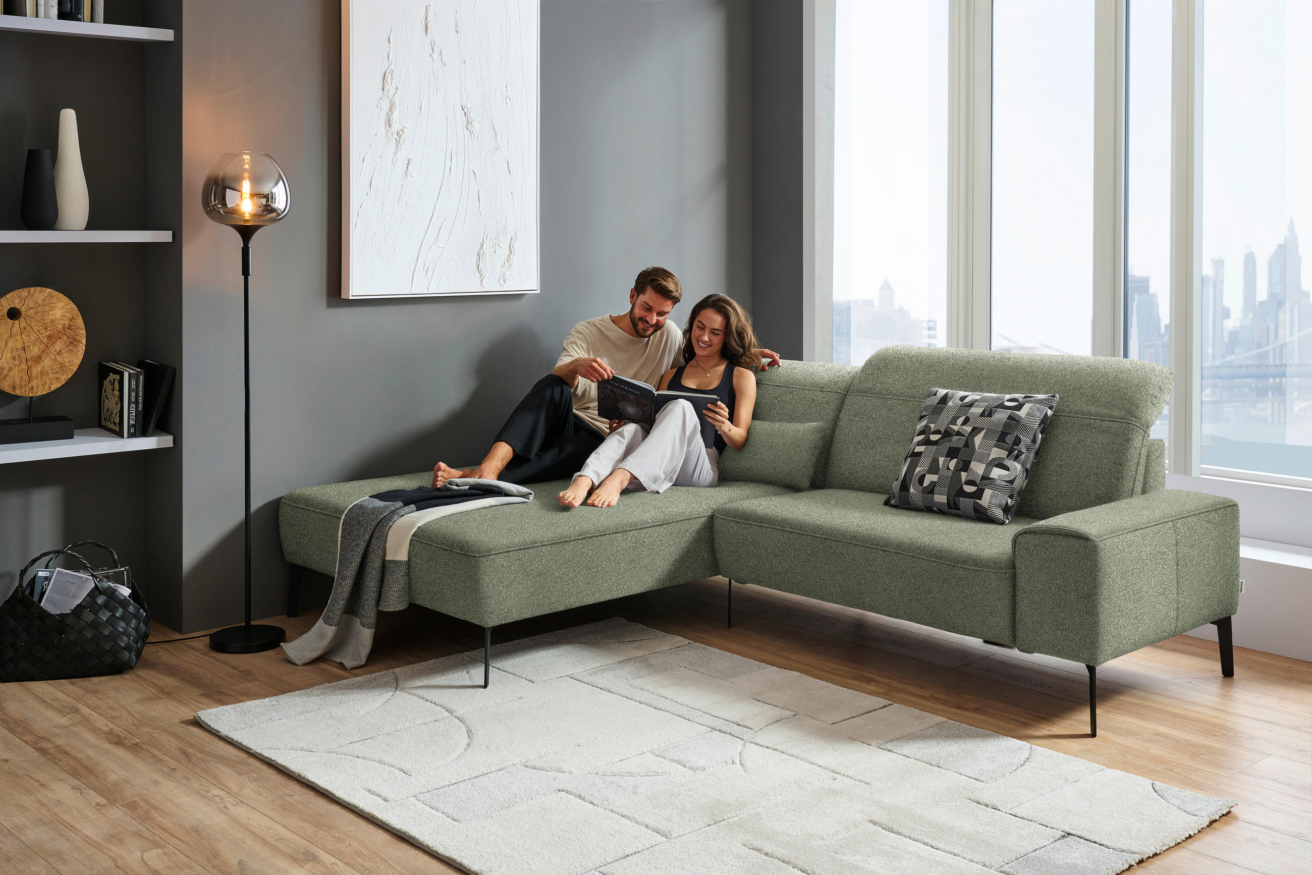 ECKSOFA in Mikrofaser Grün  203/266 cm  - Schwarz/Grün, Design, Textil/Metall (203/266cm) - Johann Jakob