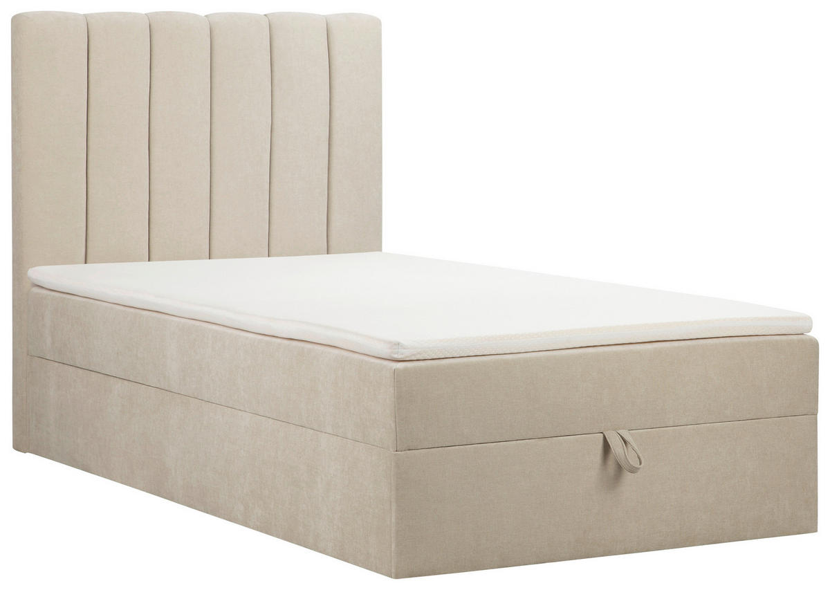 BOXBETT 100/200 cm,  in Beige, Matratze, gepolstertes Kopfteil, Bettkasten, Topper, H3 = fest  - Beige/Schwarz, Basics, Kunststoff/Textil (100/200cm) - Chameo