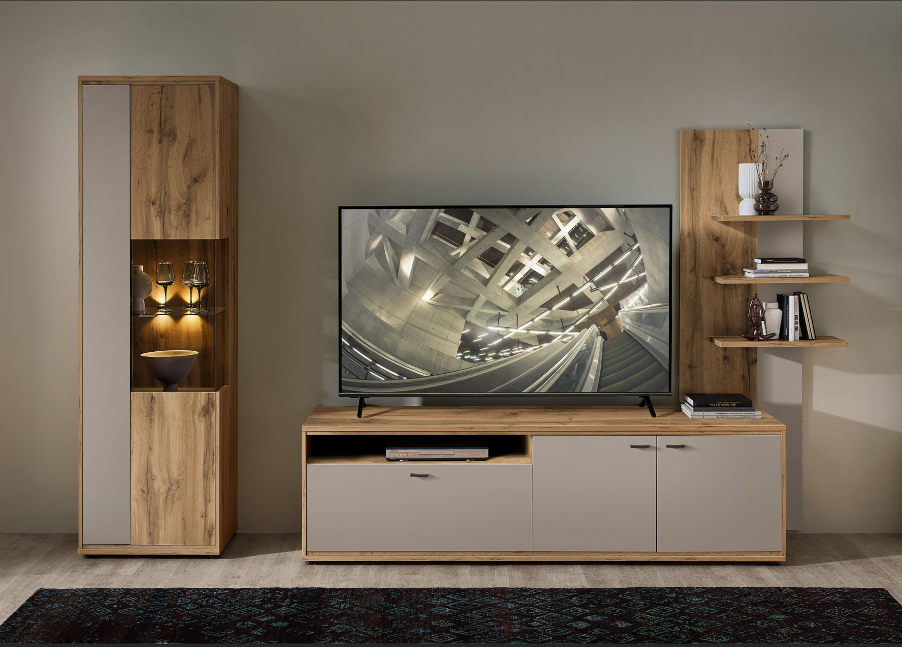 WOHNWAND  in Eichefarben, Kaschmir 310/205/49 cm  - Kaschmir/Eichefarben, Design, Glas/Holzwerkstoff (310/205/49cm) - Livetastic