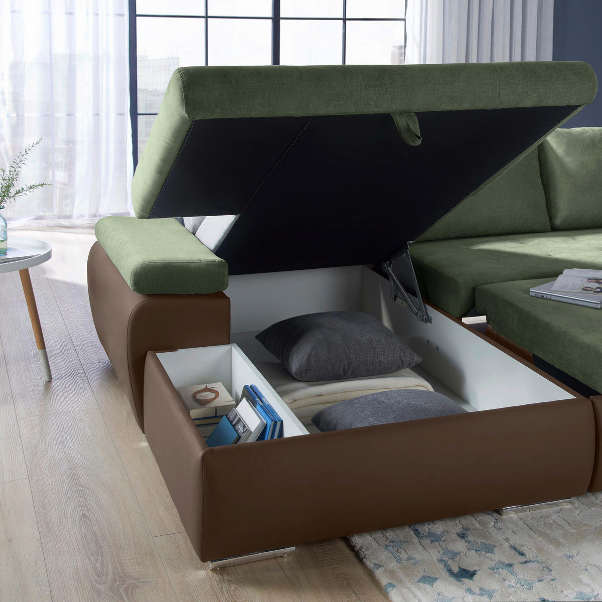 ECKSOFA in Flachgewebe Braun, Olivgrün  - Braun/Olivgrün, Design, Kunststoff/Textil (175/271cm) - MID.YOU