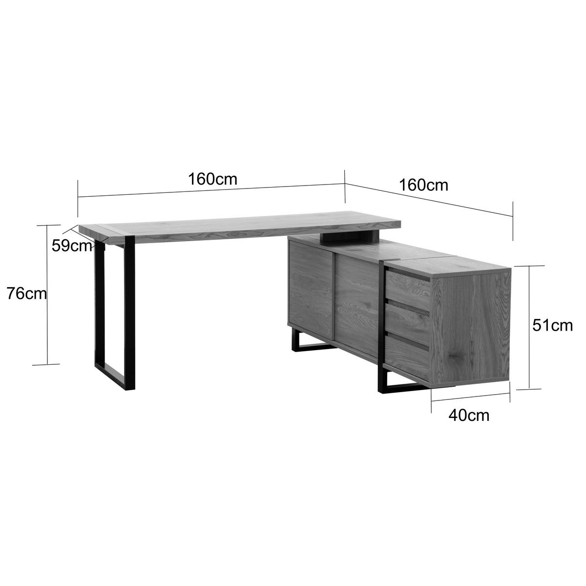 SAROKÍRÓASZTAL  - tölgyfa színű/fekete, Modern, faalapú anyag/fém (160/160/76cm) - MID.YOU