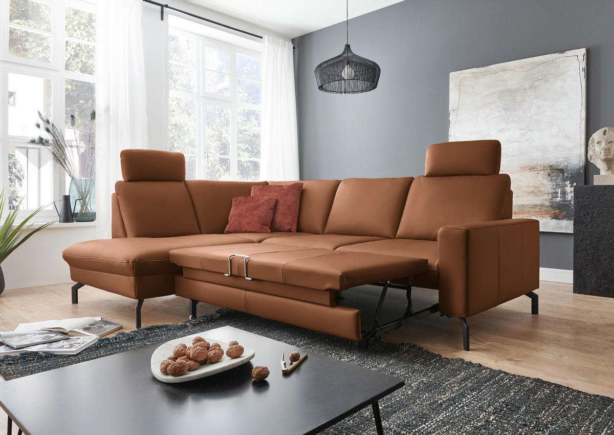 ECKSOFA Beldomo Premium in Echtleder Hellbraun  194/250 cm  - Hellbraun/Schwarz, Design, Leder/Metall (194/250cm) - Beldomo Premium