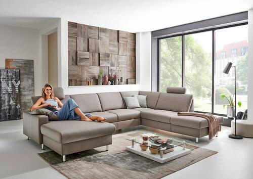 WOHNLANDSCHAFT in Echtleder Hellgrau  - Hellgrau/Alufarben, Design, Leder/Metall (233/339/165cm) - Beldomo Premium