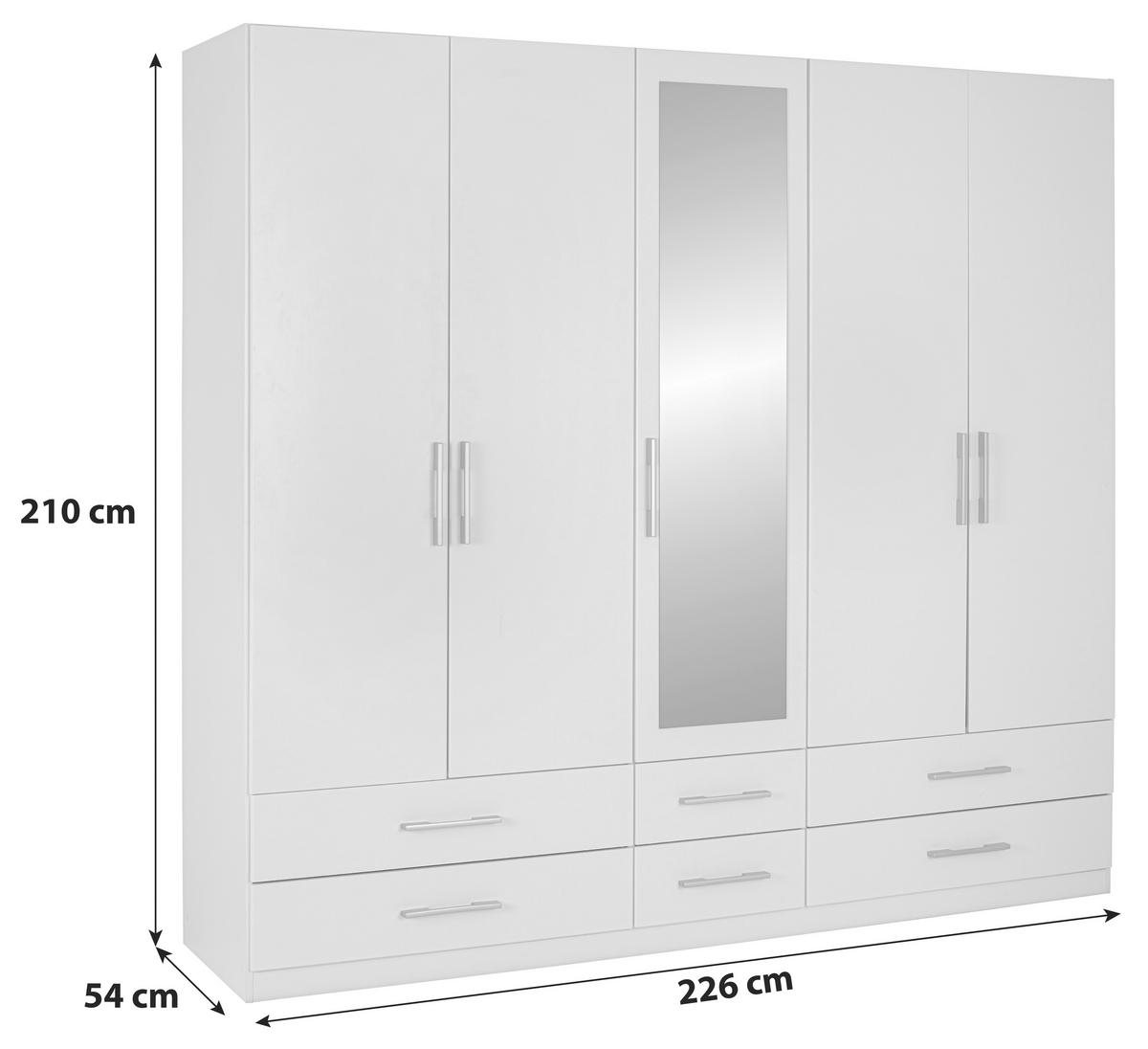 KLEIDERSCHRANK 226/210/54 cm,  in Weiß, 5-türig  - Silberfarben/Weiß, MODERN, Glas/Holzwerkstoff (226/210/54cm) - MID.YOU