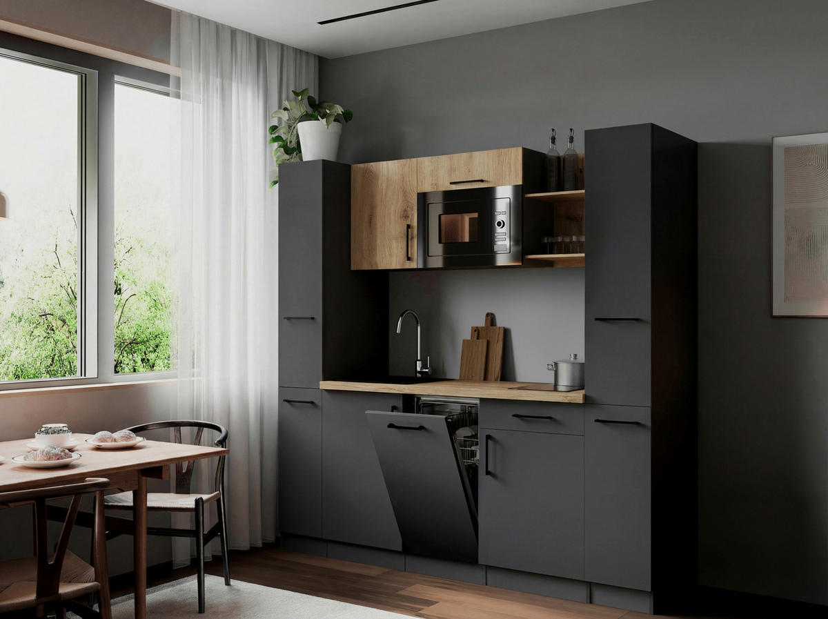 KÜCHENBLOCK Oliver 205 cm  in Grau, Eiche Artisan  - Eiche Artisan/Grau, Trend, Holzwerkstoff/Metall (205cm) - Respekta