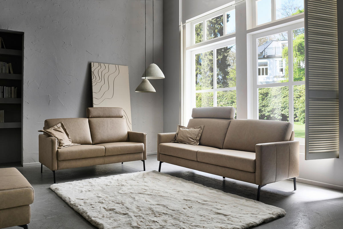 3-SITZER-SOFA Echtleder Taupe  - Taupe/Schwarz, Konventionell, Leder/Metall (200/88/88cm) - Pure Home Comfort