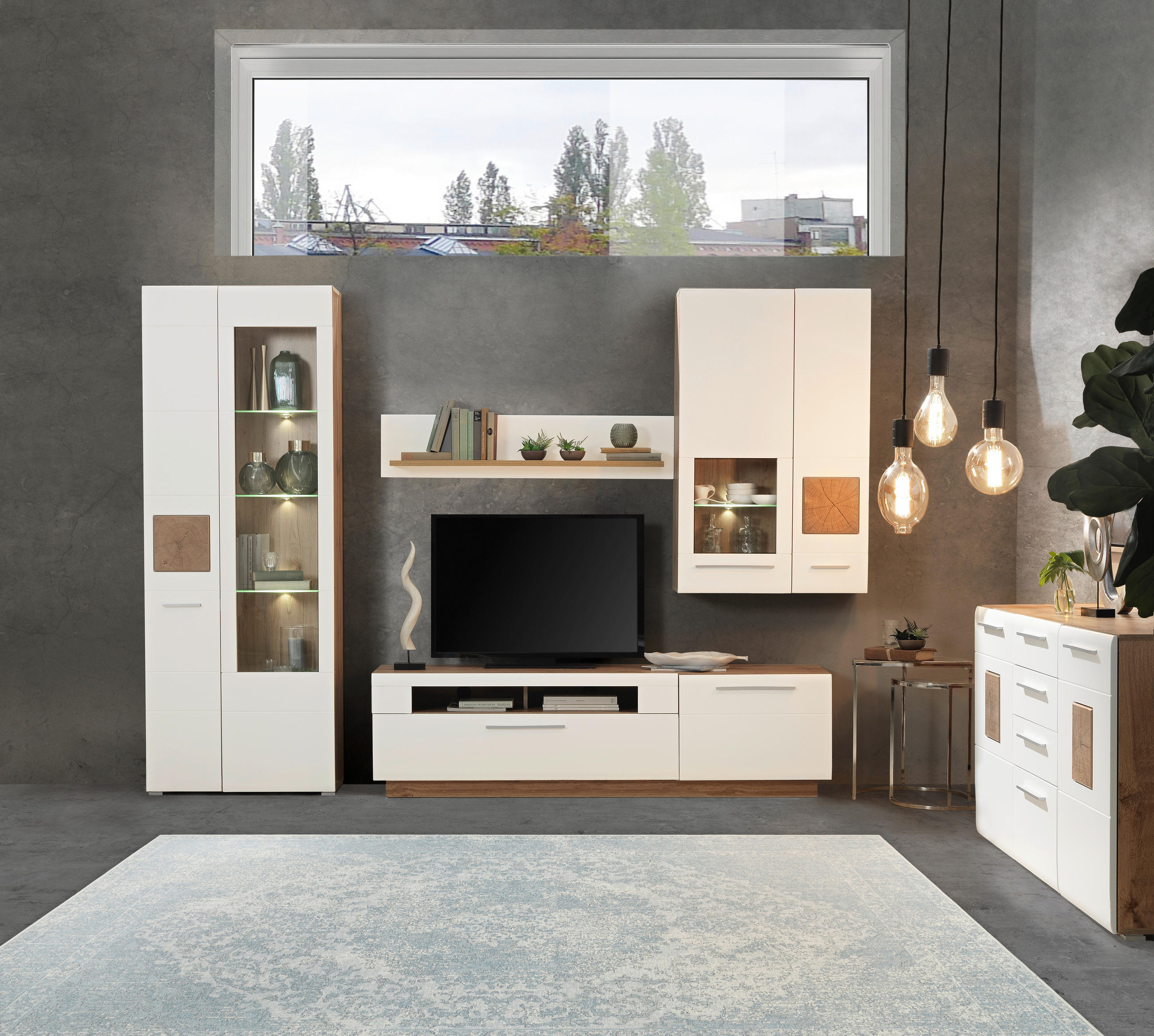DNEVNI REGAL, bela, barve hrasta - barve kroma/barve hrasta, Konvencionalno, umetna masa/steklo (300/202/46cm) - Hom`in