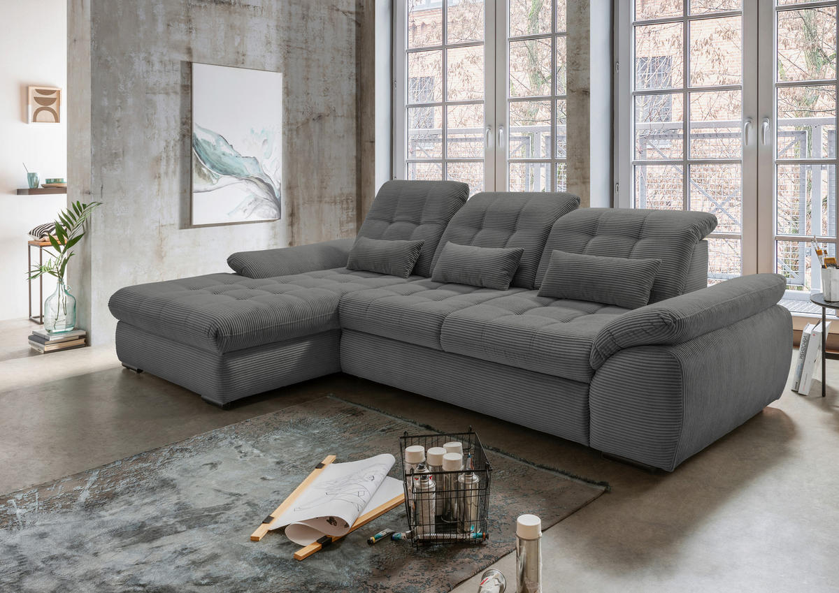 ECKSOFA in Cord Grau  - Schwarz/Grau, Modern, Textil/Metall (184/314cm) - Livetastic
