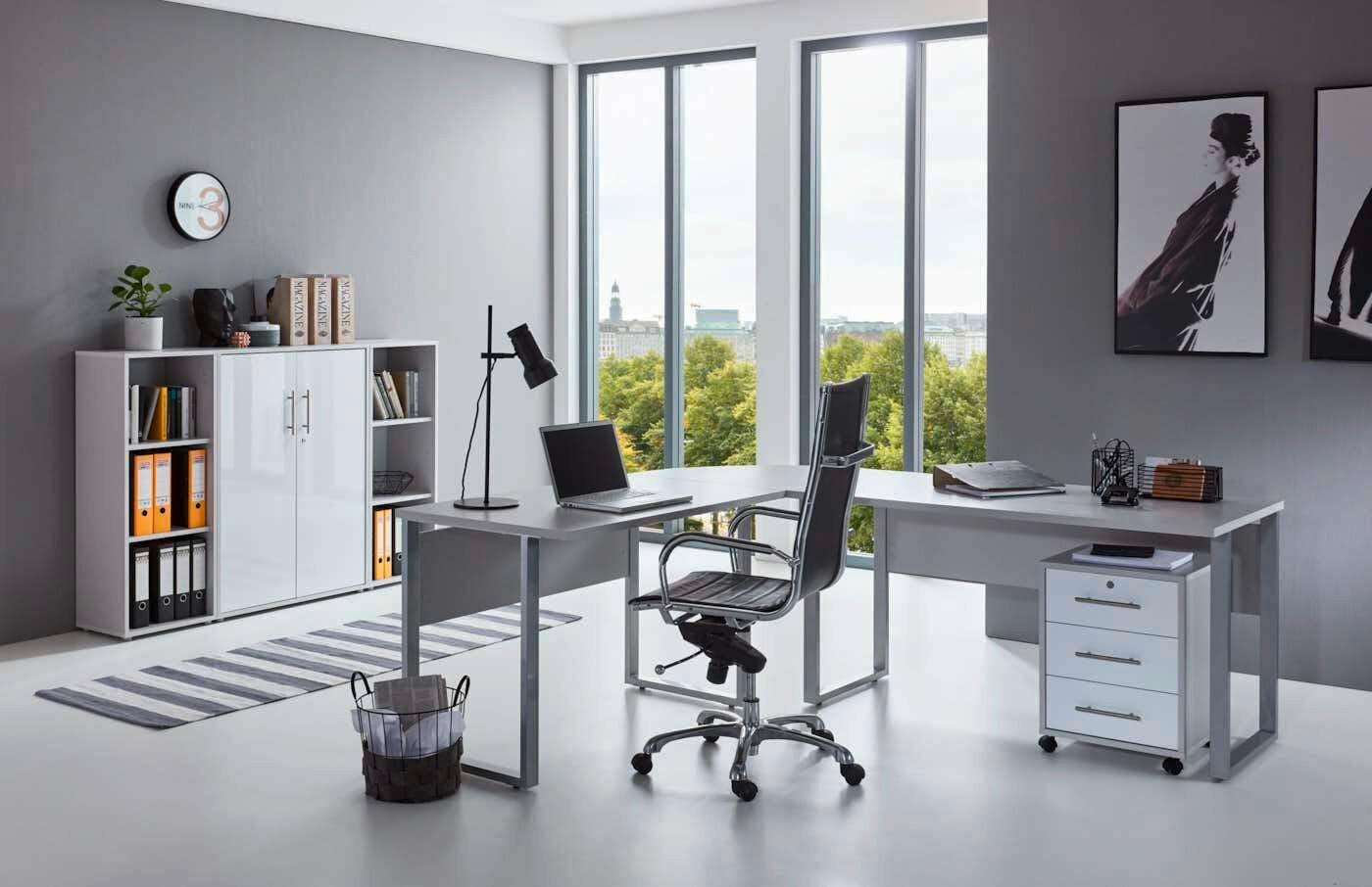 BÜRO erweiterbar, in verschiedenen Holz-Dekoren erhältlich, Schreibtisch seitenverkehrt montierbar, abschließbar Grau, Weiß Hochglanz - Weiß Hochglanz/Grau, MODERN, Holzwerkstoff - MID.YOU