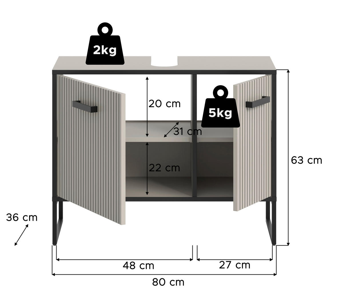 WASCHBECKENUNTERSCHRANK 80/63/36 cm  - Kaschmir/Schwarz, MODERN, Holzwerkstoff/Metall (80/63/36cm) - MID.YOU
