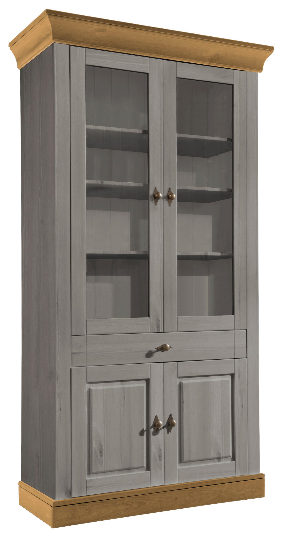 VITRINE in massiv Kiefer Grau, Laugenfarbig  - Laugenfarbig/Grau, ROMANTIK / LANDHAUS, Glas/Holz (108/202/45cm) - Boxxx
