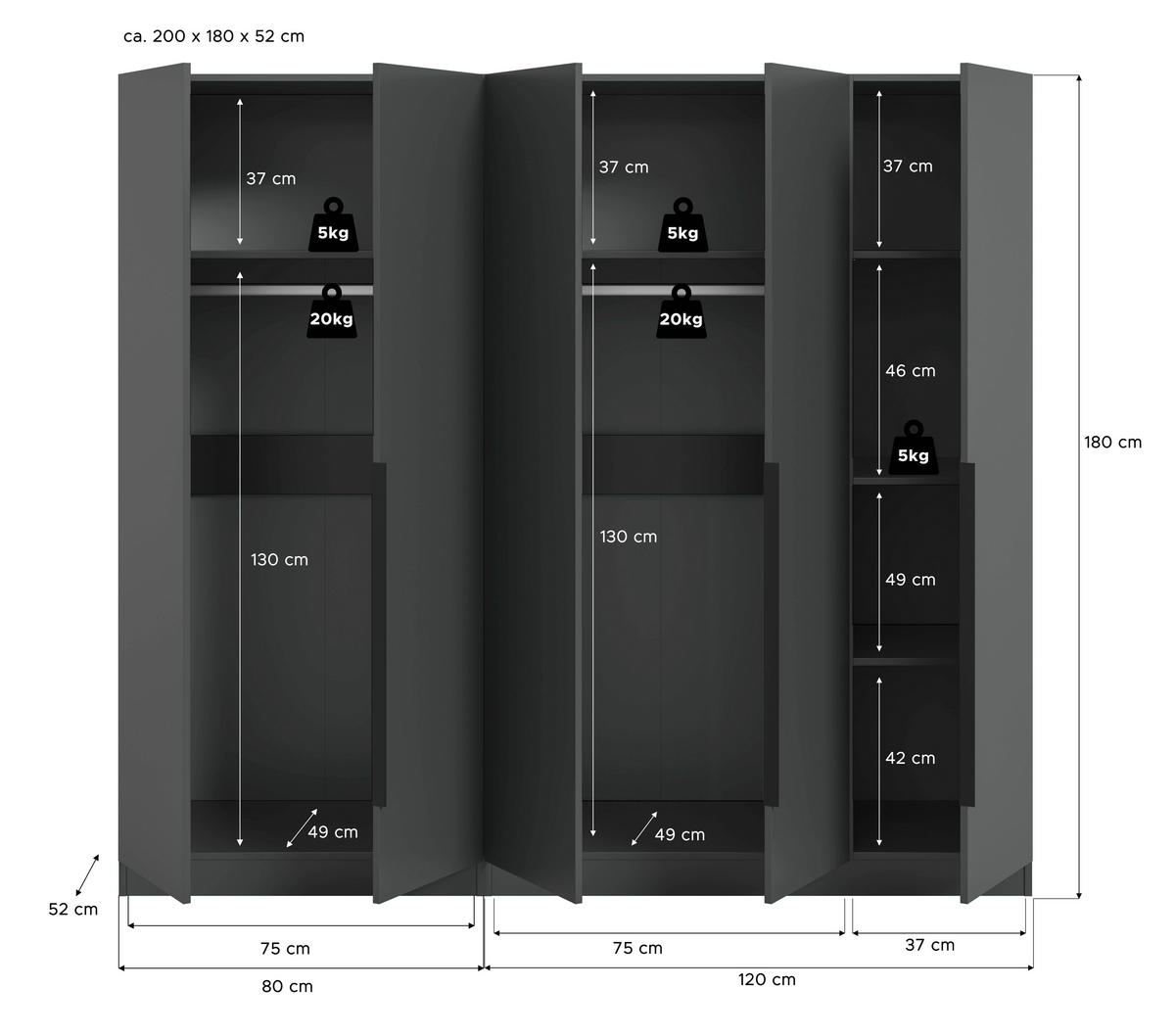 DREHTÜRENSCHRANK  in Anthrazit  - Anthrazit/Schwarz, MODERN, Holzwerkstoff/Kunststoff (200/181/52cm) - MID.YOU