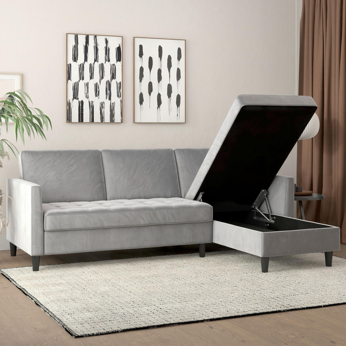 ECKSOFA PALERMO Grau Velours Schlaffunktion, Stauraum  - Schwarz/Grau, Basics, Kunststoff/Textil (213/154cm) - Livetastic