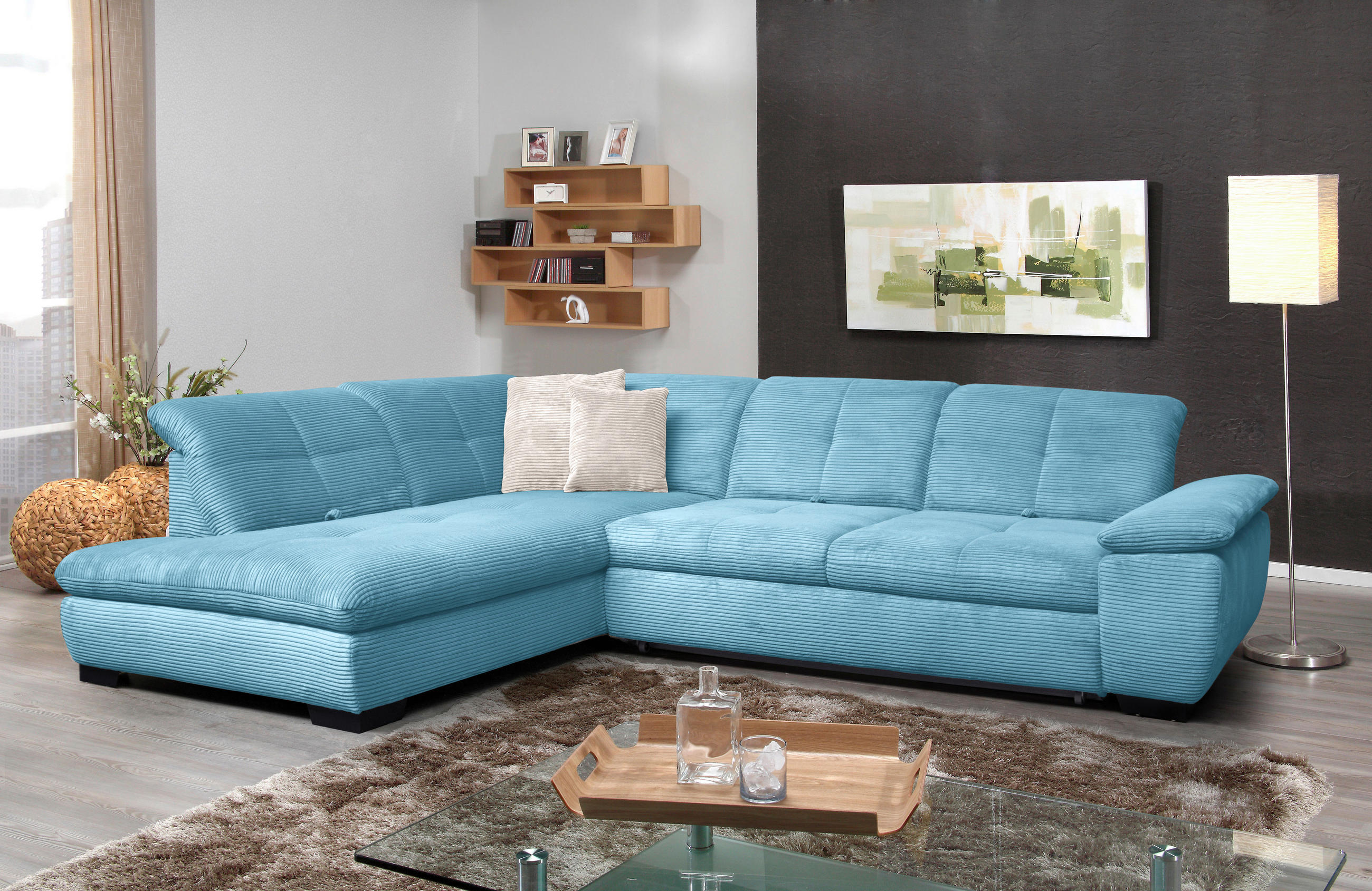 ECKSOFA in Cord Blau  - Blau/Schwarz, Design, Textil/Metall (242/313cm) - Xora